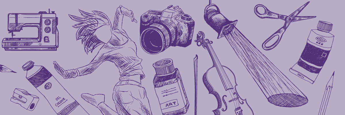 Collaged sketches of aspects of the fine arts, dancer, paint tubes, sewing machine, camera, violin, theatre lights, scissors, pencils.